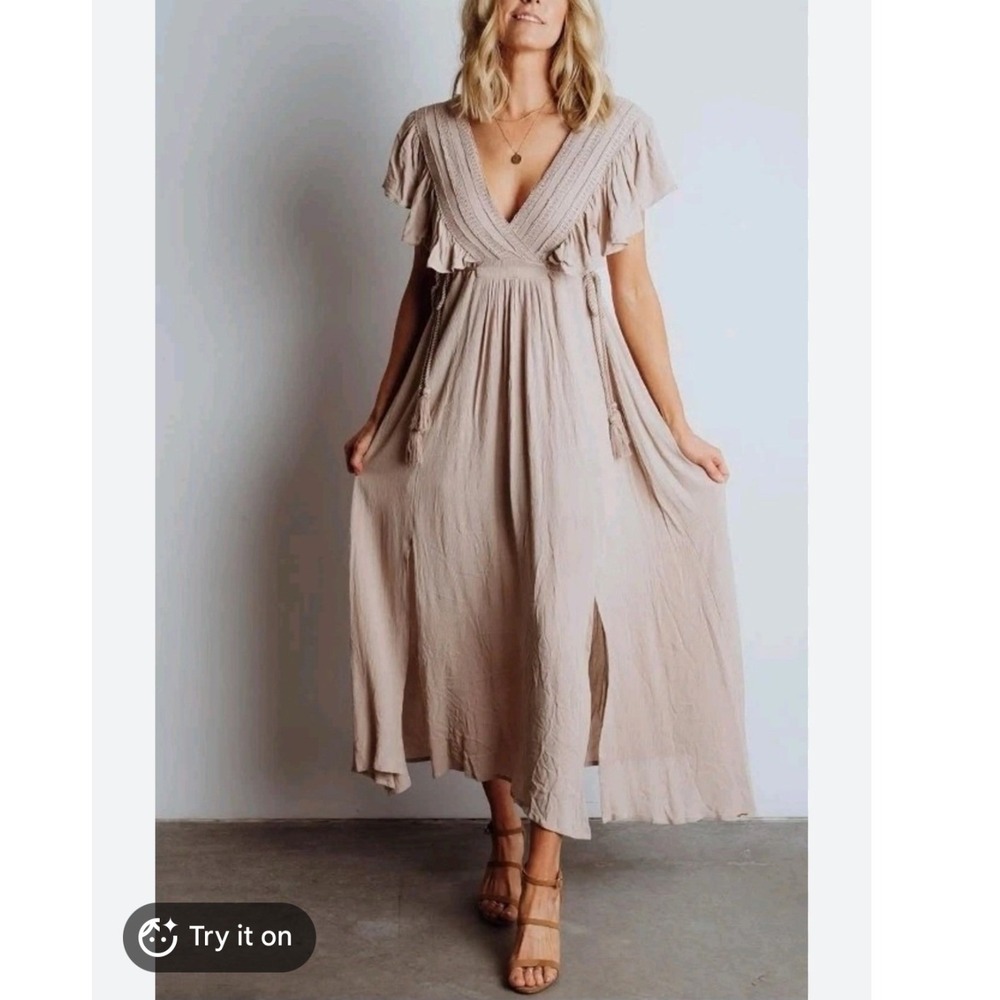 Baltic Born Jennifer Deep V Maxi Dress Small Taupe Crochet Flutter Sleeve Boho L